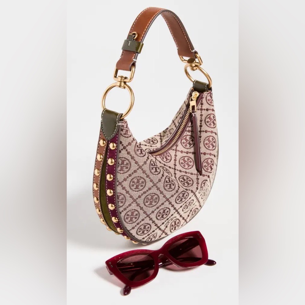 🔥NWT Tory Burch T Monogram Jacquard Studded Mini Crescent Bag - Picture 3 of 16